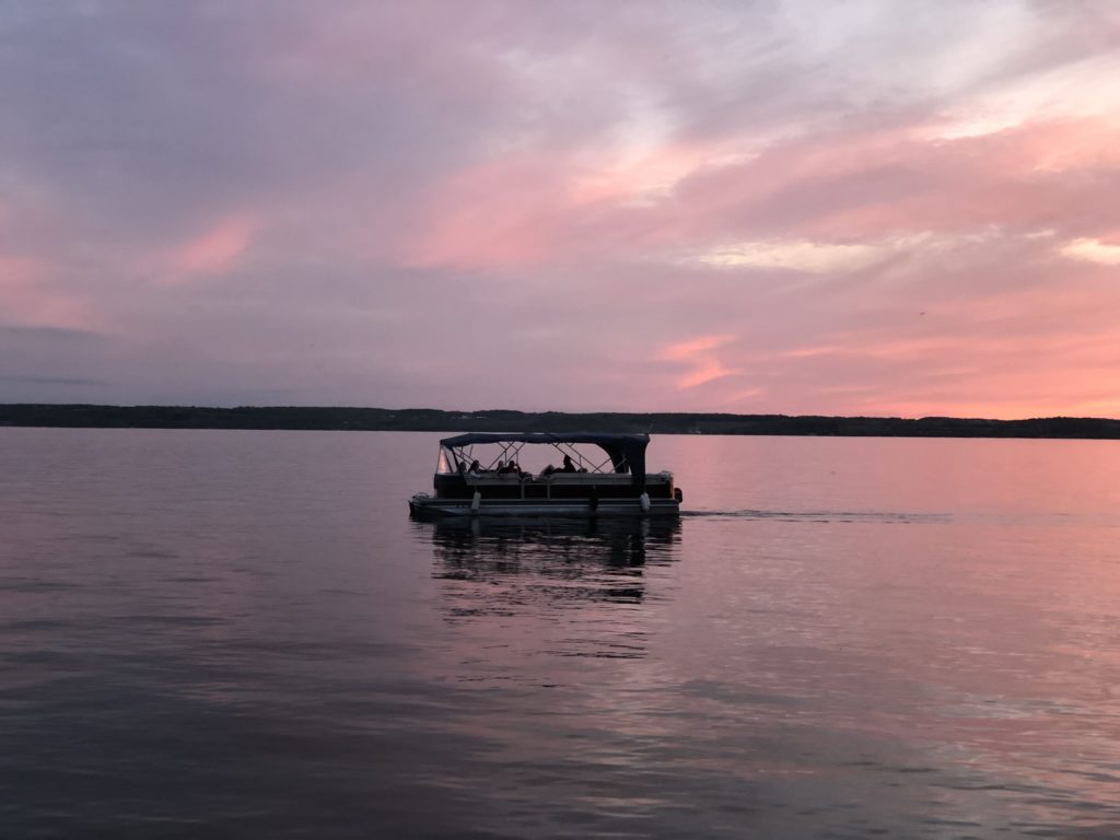 A pontoon boat cruises Cayuga Lake's calm waters under a pink and purple sunset sky.