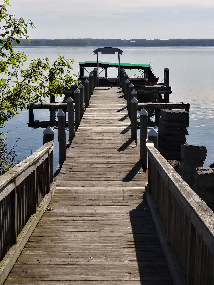 On a bright sunny day, a wooden dock jets out over calm lake waters. At the end of the pier, a pontoon boat with a green canopy sits.